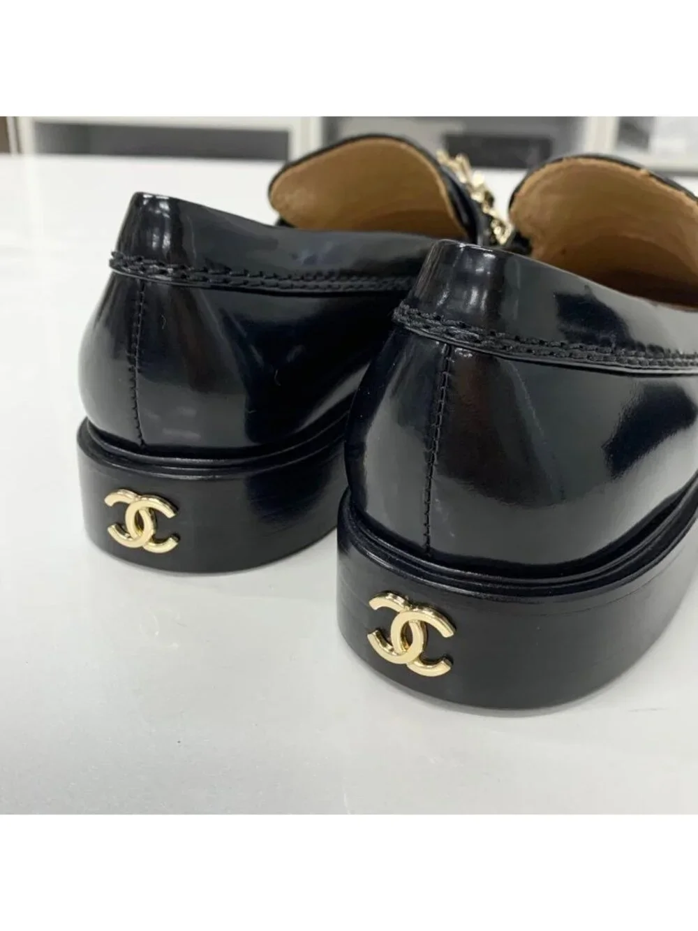 Chanel Patent Logo CC Chain Loafers Black